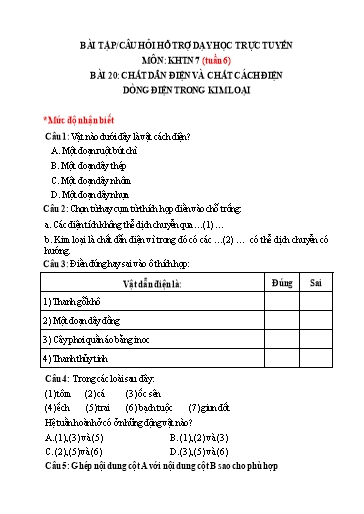 Hệ thống bài tập câu hỏi ôn tập hỗ trợ dạy học trực tuyến môn KHTN 7 - Tuần 6
