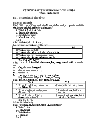 Hệ thống bài tập câu hỏi trắc nghiệm môn Công Nghệ 6 - Bài 1: Trang trí nhà ở bằng đồ vật