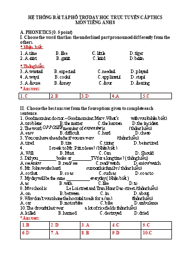Hệ thống bài tập hỗ trợ dạy học trực tuyến cấp THCS môn Tiếng Anh 8 (Có đáp án)