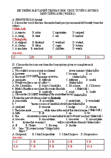 Hệ thống bài tập hỗ trợ dạy học trực tuyến cấp THCS môn Tiếng Anh 9 - Tuần 1 (Có đáp án)