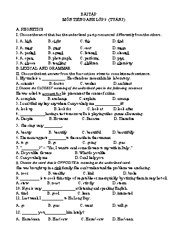 Hệ thống bài tập hỗ trợ dạy học trực tuyến cấp THCS môn Tiếng Anh 9 - Tuần 3 (Có đáp án)