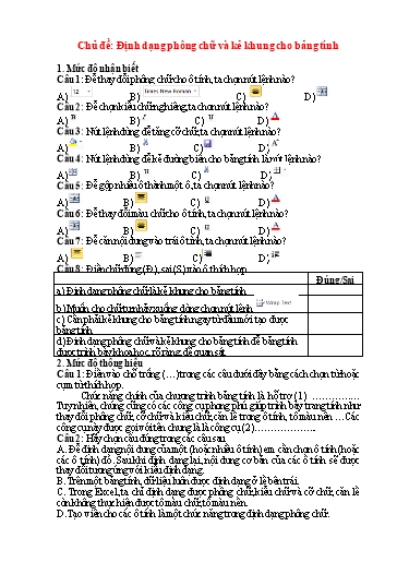 Hệ thống bài tập trực tuyến môn Tin học 7 - Chủ đề: Định dạng phông chữ và kẻ khung cho bảng tính