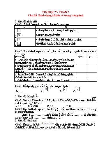 Hệ thống bài tập trực tuyến môn Tin học 7 - Tuần 2, Chủ đề: Định dạng dữ liệu số trong bảng tính