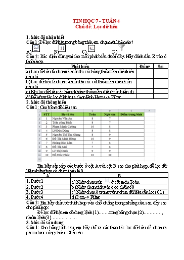 Hệ thống bài tập trực tuyến môn Tin học 7 - Tuần 4, Chủ đề: Lọc dữ liệu