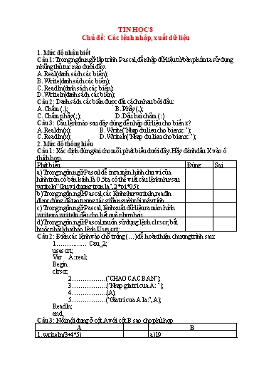 Hệ thống bài tập trực tuyến môn Tin học 8 - Tuần 2, Chủ đề: Các lệnh nhập, xuất dữ liệu