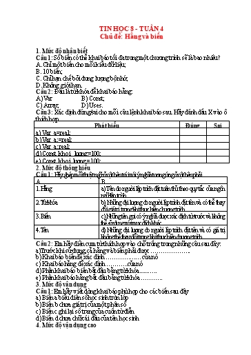 Hệ thống bài tập trực tuyến môn Tin học 8 - Tuần 4, Chủ đề: Hằng và biến