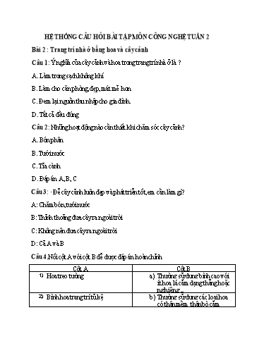Hệ thống câu hỏi bài tập môn Công Nghệ 6 - Tuần 2, Bài 2: Trang trí nhà ở bằng hoa và cây cảnh