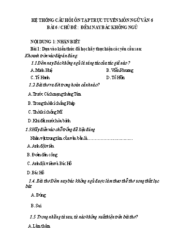 Hệ thống câu hỏi ôn tập trực tuyến môn Ngữ Văn 6 - Bài 6/Chủ đề: Đêm nay Bác không ngủ