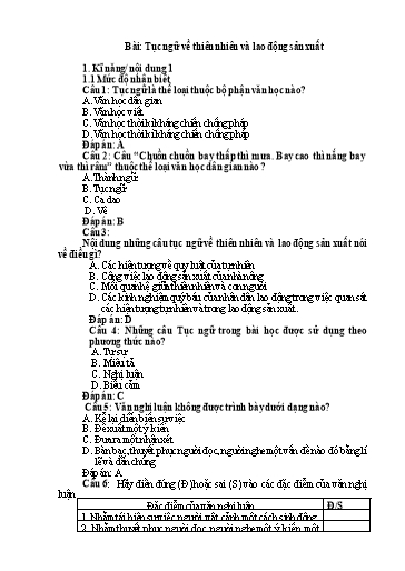 Hệ thống câu hỏi ôn tập trực tuyến môn Ngữ Văn 7 - Bài: Tục ngữ về thiên nhiên và lao động sản xuất