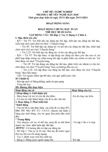 Kế hoạch bài dạy Mầm non Lớp 3 tuổi - Tuần 11, Chủ đề: Nghề nghiệp - Chủ đề nhánh 1: Bé yêu nghề dạy học (Ky Quan San)