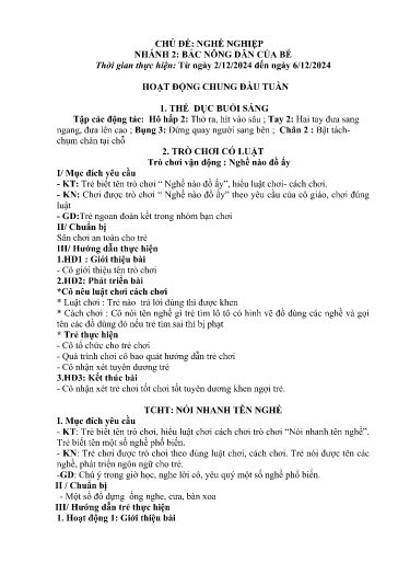 Kế hoạch bài dạy Mầm non Lớp 3 tuổi - Tuần 12, Chủ đề: Nghề nghiệp - Chủ đề nhánh 2: Bác nông dân của bé (Trường Chính)