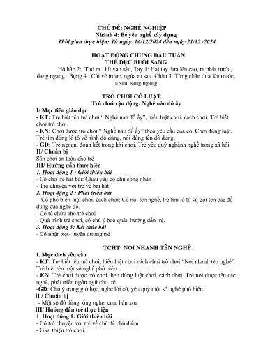 Kế hoạch bài dạy Mầm non Lớp 3 tuổi - Tuần 14, Chủ đề: Nghề nghiệp - Chủ đề nhánh 4: Bé yêu nghề xây dựng (Trường Chính)