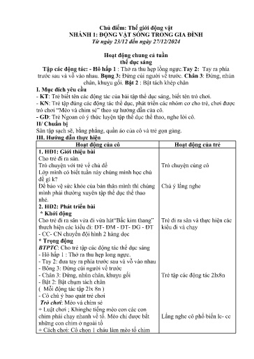 Kế hoạch bài dạy Mầm non Lớp 3 tuổi - Tuần 15, Chủ đề: Thế giới động vật - Chủ đề nhánh 1: Động vật sống trong gia đình (Trường Chính)