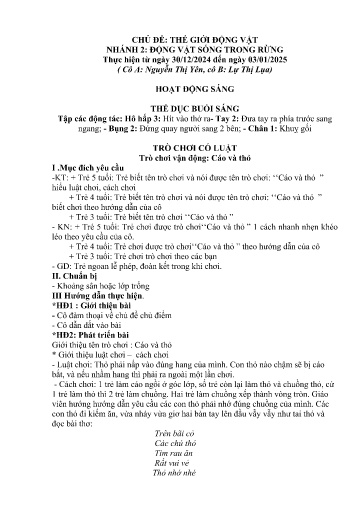 Kế hoạch bài dạy Mầm non Lớp 3 tuổi - Tuần 16, Chủ đề: Thế giới động vật - Chủ đề nhỏ: Động vật sống trong rừng (Ky Quan San)