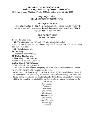 Kế hoạch bài dạy Mầm non Lớp 3 tuổi - Tuần 16, Chủ đề: Thế giới động vật - Chủ đề nhánh 2: Một số con vật sống trong rừng (Trường Chính)