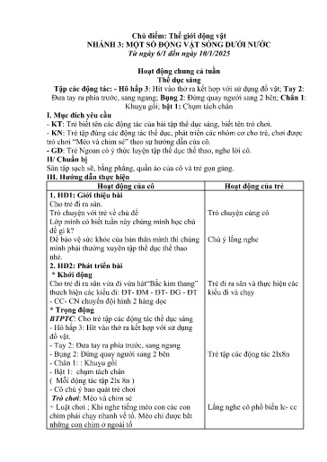 Kế hoạch bài dạy Mầm non Lớp 3 tuổi - Tuần 17, Chủ đề: Thế giới động vật - Chủ đề nhánh 3: Một số động vật sống dưới nước (Trường Chính)