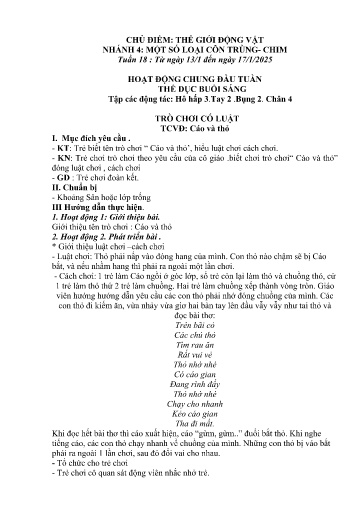 Kế hoạch bài dạy Mầm non Lớp 3 tuổi - Tuần 18, Chủ đề: Thế giới động vật - Chủ đề nhánh 4: Một số loại côn trùng - Chim (Trường Chính)