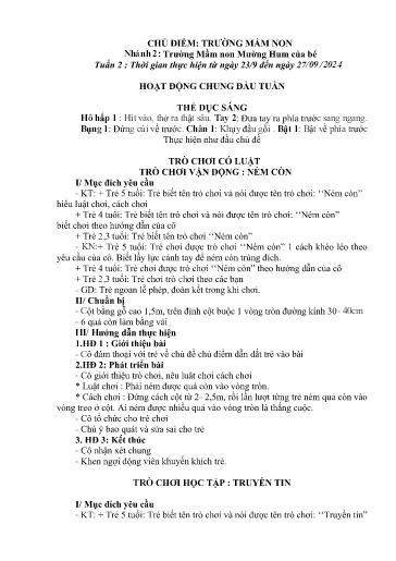 Kế hoạch bài dạy Mầm non Lớp 3 tuổi - Tuần 2, Chủ đề: Trường mầm non - Chủ đề nhỏ: Trường mầm non Mường Hum của bé (Ky Quan San)