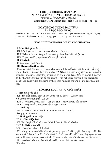 Kế hoạch bài dạy Mầm non Lớp 3 tuổi - Tuần 2, Chủ đề: Trường mầm non - Chủ đề nhánh 2: Lớp học yêu thương của bé (Trường Chính)
