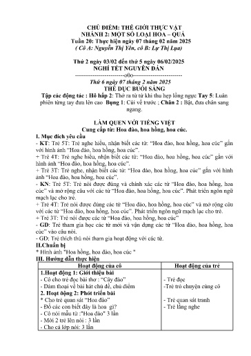 Kế hoạch bài dạy Mầm non Lớp 3 tuổi - Tuần 20, Chủ đề: Thế giới thực vật - Chủ đề nhánh 2: Một số loại hoa quả (Ky Quan San)