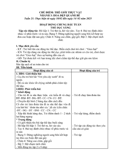 Kế hoạch bài dạy Mầm non Lớp 3 tuổi - Tuần 21, Chủ đề: Thế giới thực vật - Chủ đề nhánh 3: Hoa đẹp quanh bé (Trường Chính)