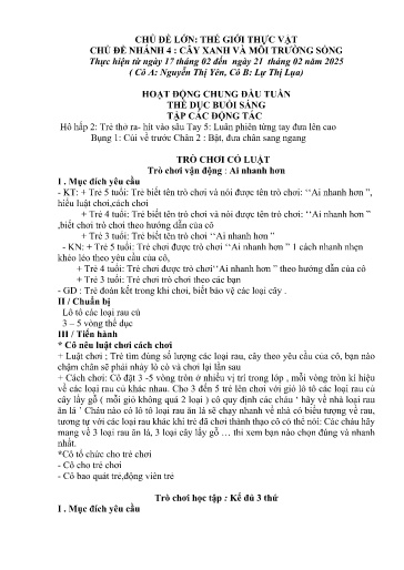 Kế hoạch bài dạy Mầm non Lớp 3 tuổi - Tuần 22, Chủ đề: Thế giới thực vật - Chủ đề nhánh 4: Cây xanh và môi trường sống (Ky Quan San)