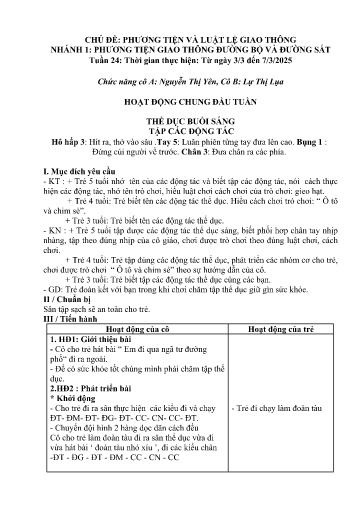 Kế hoạch bài dạy Mầm non Lớp 3 tuổi - Tuần 24, Chủ đề: Phương tiện và luật lệ giao thông - Chủ đề nhánh 1: PTGT đường bộ và đường sắt (Ky Quan San)