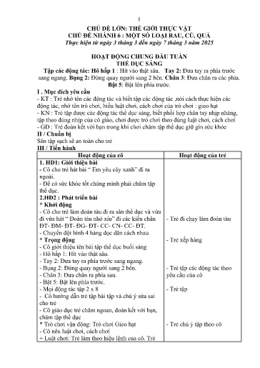 Kế hoạch bài dạy Mầm non Lớp 3 tuổi - Tuần 24, Chủ đề: Thế giới thực vật - Chủ đề nhánh 6: Một số loại rau, củ, quả (Trường Chính)