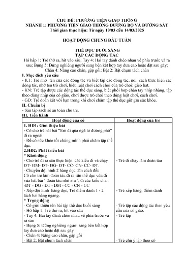Kế hoạch bài dạy Mầm non Lớp 3 tuổi - Tuần 25, Chủ đề: Phương tiện giao thông - Chủ đề nhánh 1: PTGT đường bộ và đường sắt (Trường Chính)