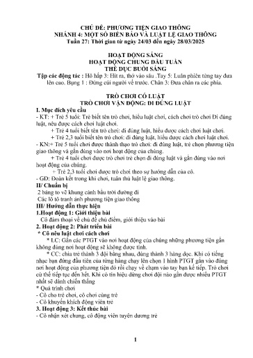 Kế hoạch bài dạy Mầm non Lớp 3 tuổi - Tuần 27, Chủ đề: Phương tiện và luật lệ giao thông - Chủ đề nhánh 4: Một sô biển báo và luật lệ giao thông (Ky Quan San)