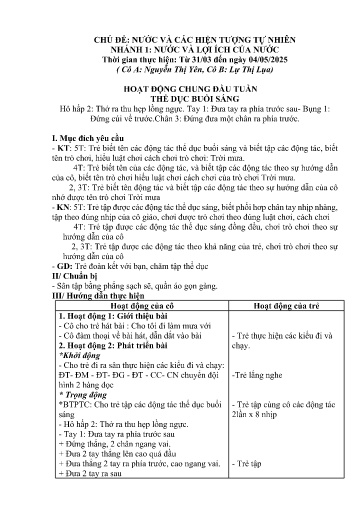Kế hoạch bài dạy Mầm non Lớp 3 tuổi - Tuần 28, Chủ đề: Nước và các hiện tượng tự nhiên - Chủ đề nhánh 1: Nước và lợi ích của nước (Ky Quan San)