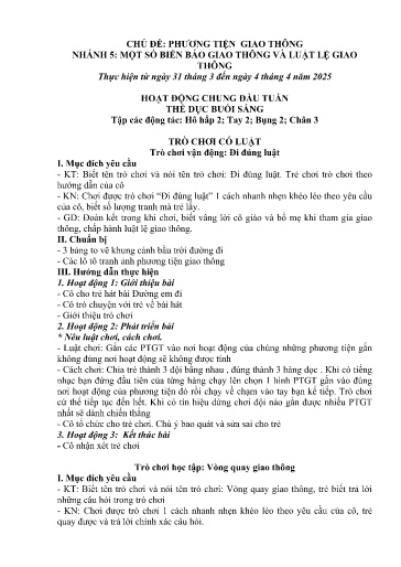 Kế hoạch bài dạy Mầm non Lớp 3 tuổi - Tuần 28, Chủ đề: Phương tiện giao thông - Chủ đề nhánh 5: Một số biển báo giao thông và luật lệ giao thông (Trường Chính)