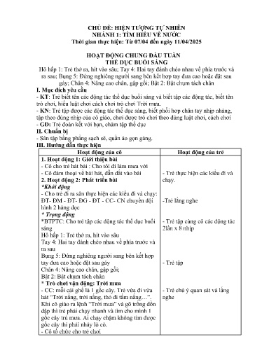 Kế hoạch bài dạy Mầm non Lớp 3 tuổi - Tuần 29, Chủ đề: Hiện tượng tự nhiên - Chủ đề nhánh 1: Tìm hiểu về nước (Trường Chính)