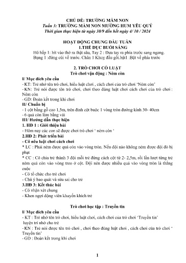 Kế hoạch bài dạy Mầm non Lớp 3 tuổi - Tuần 3, Chủ đề: Trường mầm non - Chủ đề nhánh: Trường mầm non Mường Hum yêu quý (Trường Chính)