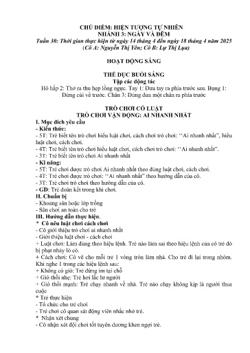 Kế hoạch bài dạy Mầm non Lớp 3 tuổi - Tuần 30, Chủ đề: Hiện tượng tự nhiên - Chủ đề nhỏ: Ngày và đêm (Ky Quan San)