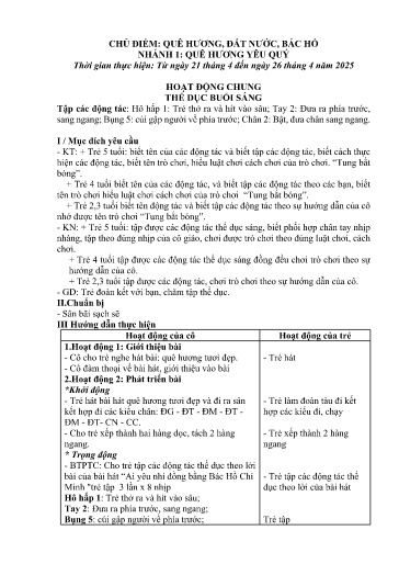 Kế hoạch bài dạy Mầm non Lớp 3 tuổi - Tuần 31, Chủ đề: Quê hương, Đất nước và Bác Hồ - Chủ đề nhánh 1: Quê hương yêu quý (Ky Quan San)