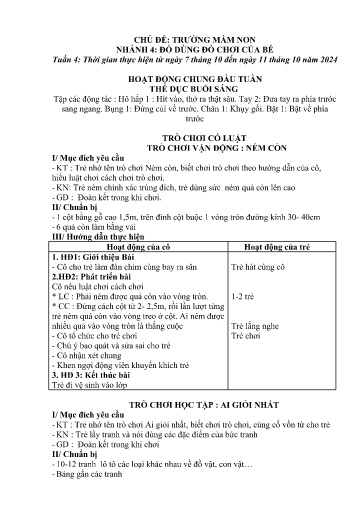 Kế hoạch bài dạy Mầm non Lớp 3 tuổi - Tuần 4, Chủ đề: Trường mầm non - Chủ đề nhánh 4: Đồ dùng đồ chơi của bé (Trường Chính)