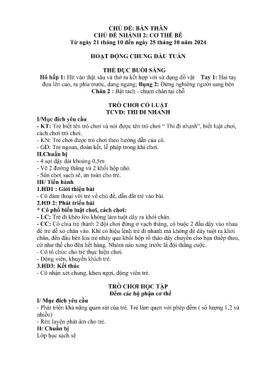 Kế hoạch bài dạy Mầm non Lớp 3 tuổi - Tuần 6, Chủ đề: Bản thân - Chủ đề nhánh 2: Cơ thể bé (Trường Chính)