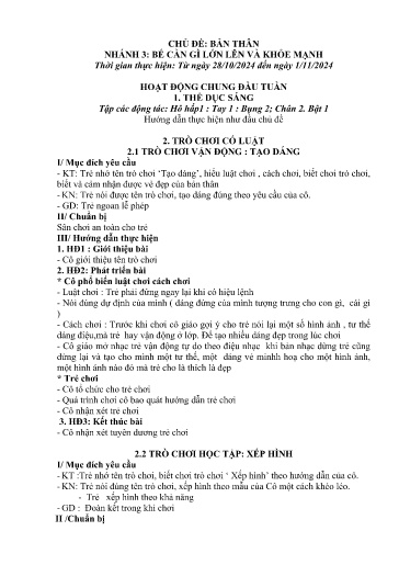 Kế hoạch bài dạy Mầm non Lớp 3 tuổi - Tuần 7, Chủ đề: Bản thân - Chủ đề nhánh 3: Bé cần gì lớn lên và khỏe mạnh (Trường Chính)