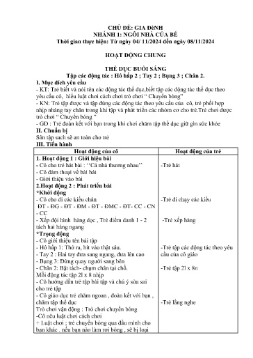 Kế hoạch bài dạy Mầm non Lớp 3 tuổi - Tuần 8, Chủ đề: Gia đình - Chủ đề nhánh 1: Ngôi nhà của bé (Trường Chính)