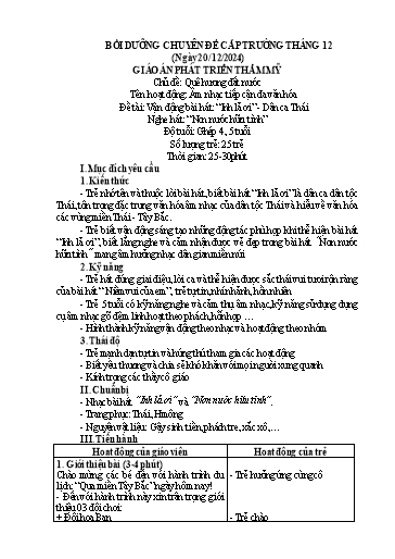 Kế hoạch bài dạy Mầm non Lớp 4 tuổi - Hoạt động: Âm nhạc tiếp cận đa văn hóa - Đề tài: Vận động bài hát Inh lả ơi (Dân ca Thái). Nghe hát: Non nước hữu tình