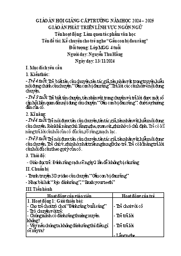 Kế hoạch bài dạy Mầm non Lớp 4 tuổi - Hoạt động: Làm quen tác phẩm văn học - Đề tài: Kể chuyện cho trẻ nghe Gấu con bị đau răng - Năm học 2024-2025 (Nguyễn Thu Hằng)