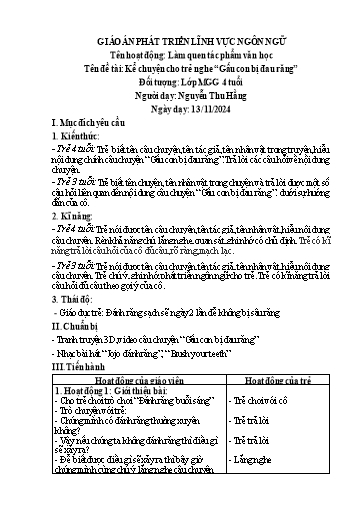 Kế hoạch bài dạy Mầm non Lớp 4 tuổi - Hoạt động: Làm quen tác phẩm văn học - Đề tài: Kể chuyện cho trẻ nghe Gấu con bị đau răng (Nguyễn Thu Hằng)