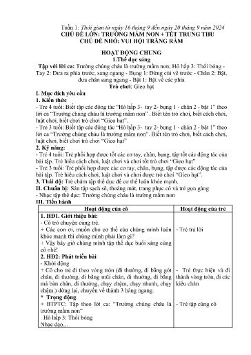 Kế hoạch bài dạy Mầm non Lớp 4 tuổi - Tuần 1, Chủ đề: Trường mầm non + Tết Trung thu - Chủ đề nhỏ: Vui hội trăng rằm (Trường Chính)