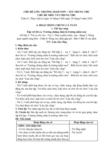 Kế hoạch bài dạy Mầm non Lớp 4 tuổi - Tuần 1, Chủ đề: Trường mầm non + Tết Trung thu - Chủ đề nhỏ: Vui Trung thu (Ngải Trồ)
