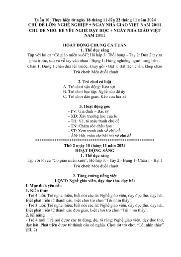 Kế hoạch bài dạy Mầm non Lớp 4 tuổi - Tuần 10, Chủ đề: Nghề nghiệp + Ngày Nhà giáo Việt Nam 20/11 - Chủ đề nhỏ: Bé yêu nghè dạy học + Ngày Nhà giáo Việt Nam 20/11 (Trường Chính)