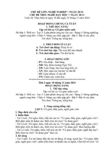 Kế hoạch bài dạy Mầm non Lớp 4 tuổi - Tuần 10, Chủ đề: Nghề nghiệp + Ngày 20/11 - Chủ đề nhỏ: Nghề dạy họ + Ngày 20/11 (Ngải Trồ)