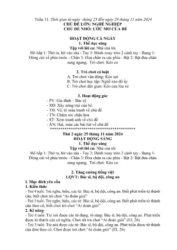Kế hoạch bài dạy Mầm non Lớp 4 tuổi - Tuần 11, Chủ đề: Nghề nghiệp - Chủ đề nhỏ: Ước mơ của bé (Trường Chính)