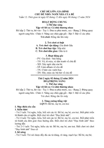 Kế hoạch bài dạy Mầm non Lớp 4 tuổi - Tuần 12, Chủ đề: Gia đình - Chủ đề nhỏ: Ngôi nhà của bé (Ngải Trồ)