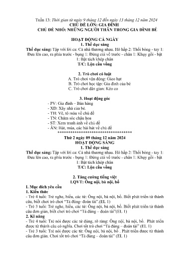 Kế hoạch bài dạy Mầm non Lớp 4 tuổi - Tuần 13, Chủ đề: Gia đình - Chủ đề nhỏ: Những người thân trong gia đình bé (Trường Chính)